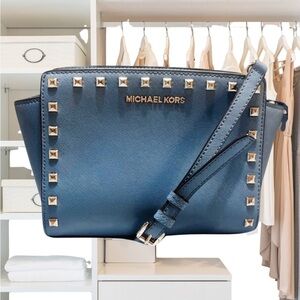 Michael Kors Blue and Gold Crossbody Bag with Studded Details, Saffiano Leather